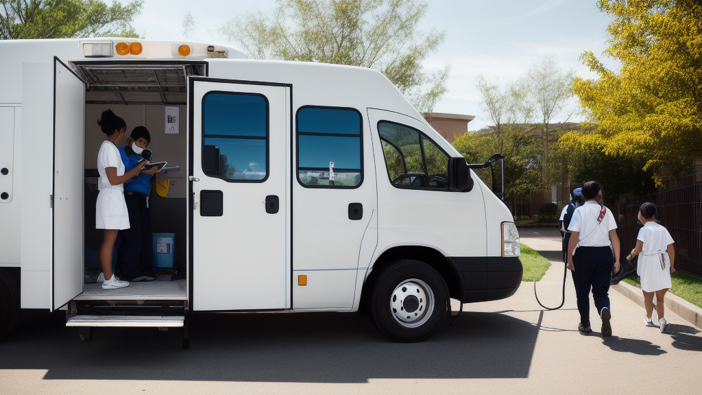 A mobile diagnostic screening unit set up at a school campus